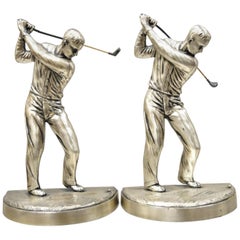 Art Deco Metal Silver Plate Golf Player Figural Bookends, a Pair