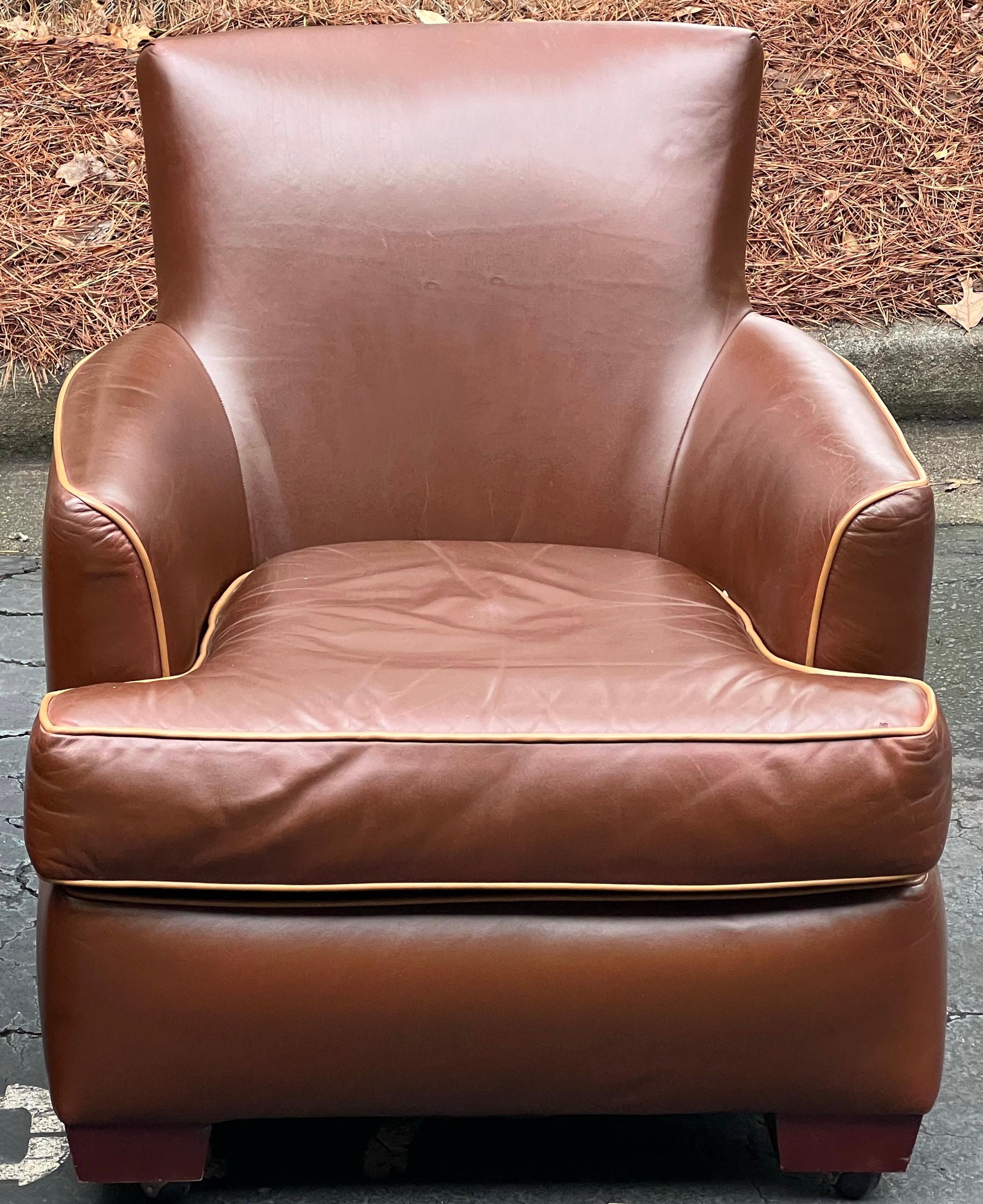 American Late 20th Century Art Deco Style Brown Leather Club Chairs, Pair