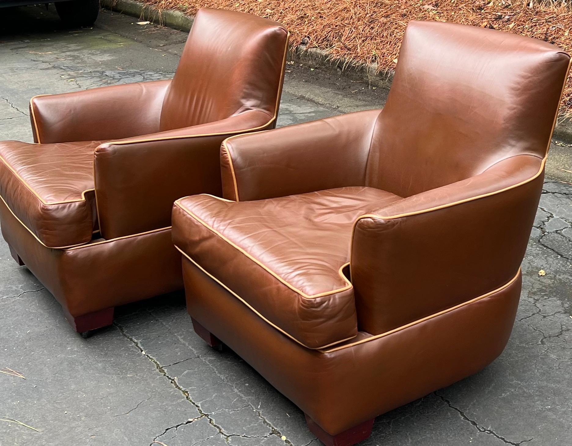 Late 20th Century Art Deco Style Brown Leather Club Chairs, Pair In Good Condition In Kennesaw, GA