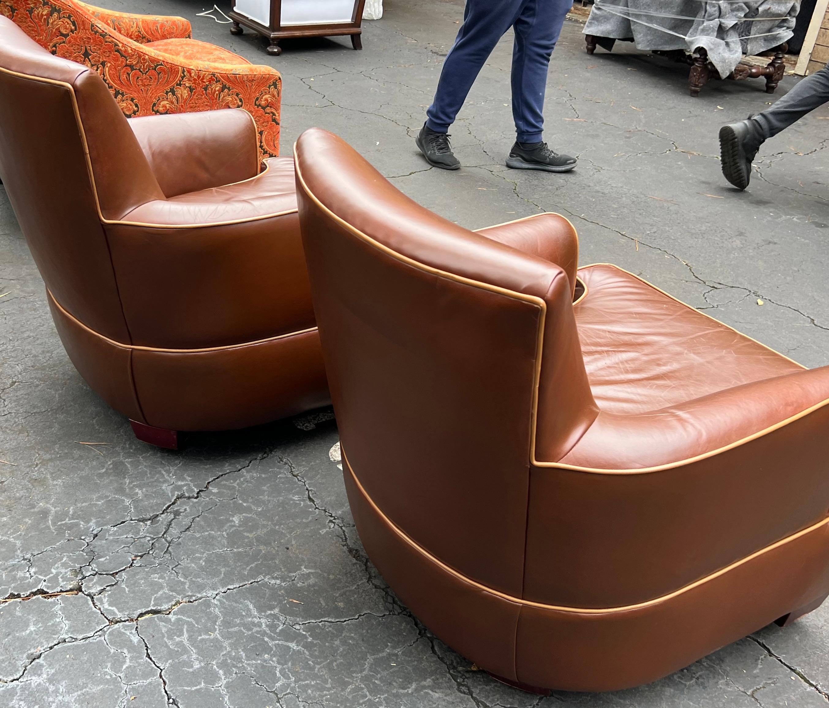 Late 20th Century Art Deco Style Brown Leather Club Chairs, Pair 1