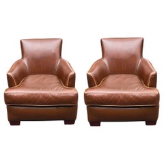 Late 20th Century Art Deco Style Brown Leather Club Chairs, Pair