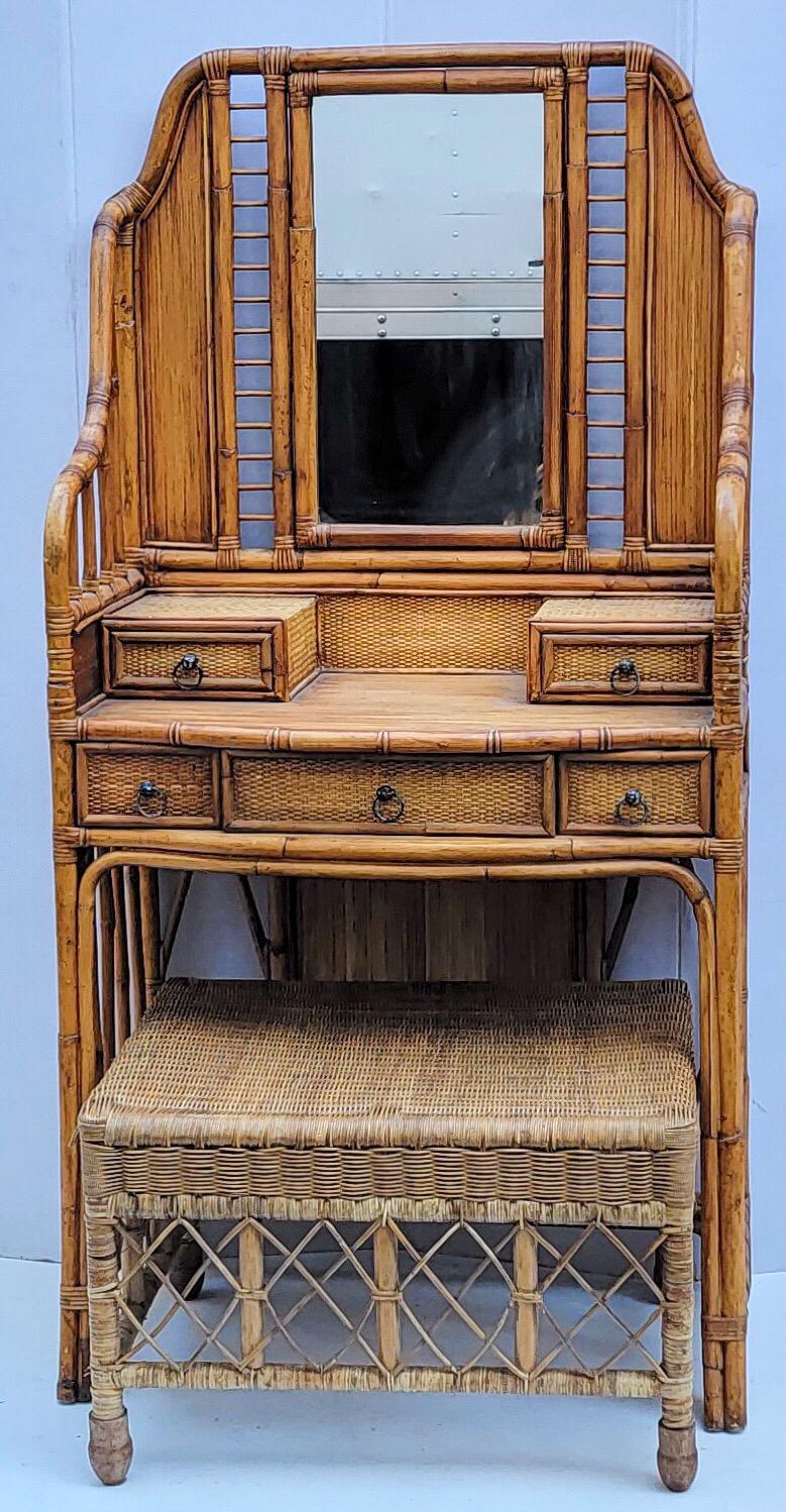 Aesthetic Movement Late 20th-C. Bamboo, Wicker, and Rattan Etagere or Vanity by Palecek For Sale