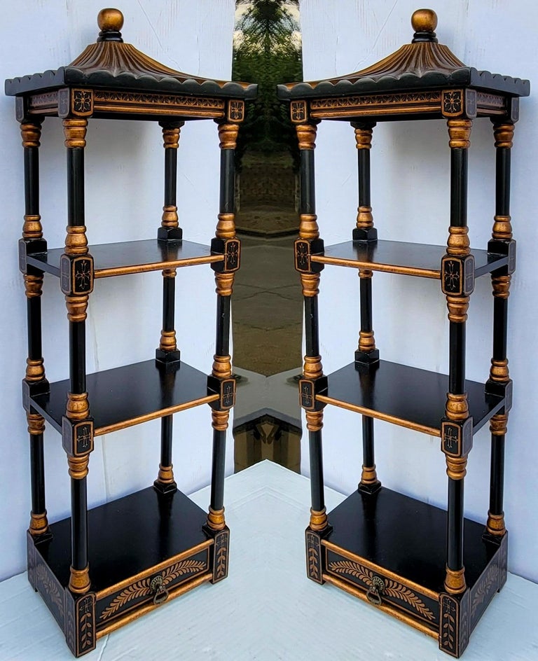 Late 20thC. Black and Gold Pagoda Form Chinoiserie Wall Shelves Pair
