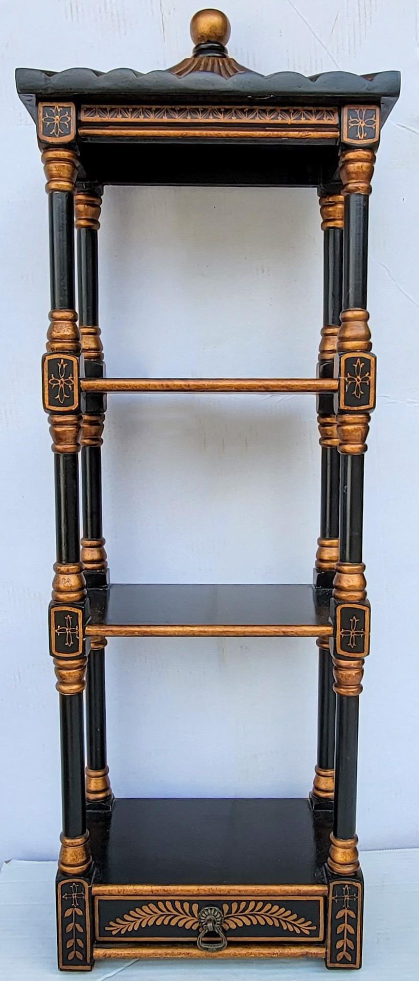 Late 20th-C. Black and Gold Pagoda Form Chinoiserie Wall Shelves -Pair In Good Condition In Kennesaw, GA
