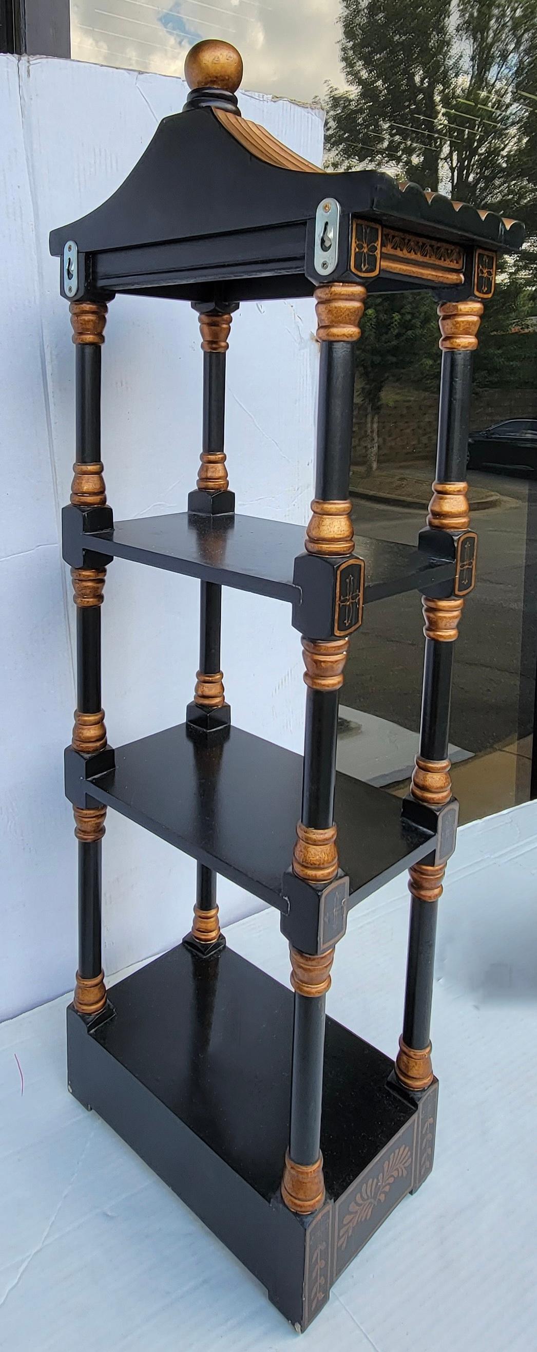 20th Century Late 20th-C. Black and Gold Pagoda Form Chinoiserie Wall Shelves -Pair