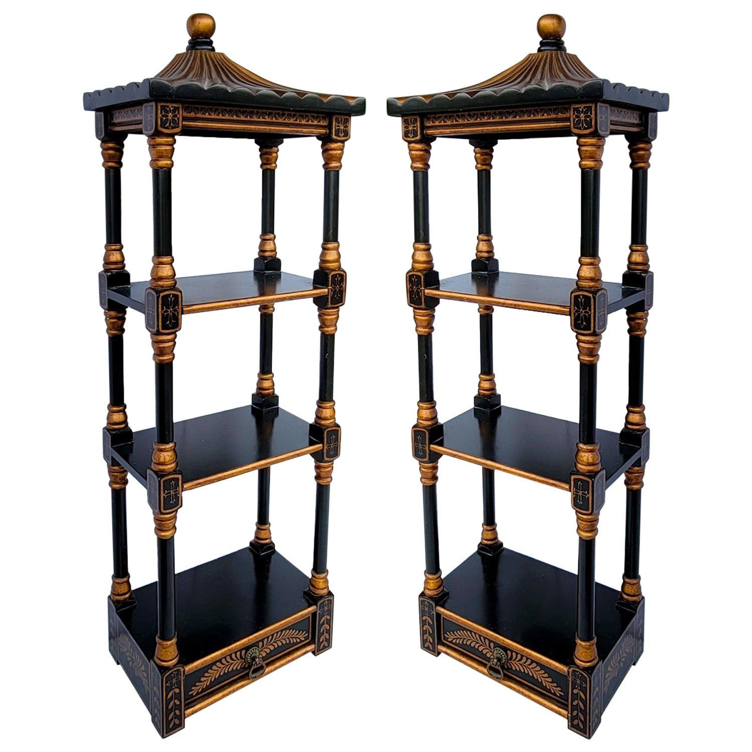 Late 20th-C. Black and Gold Pagoda Form Chinoiserie Wall Shelves -Pair