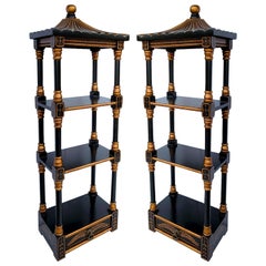 Late 20th-C. Black and Gold Pagoda Form Chinoiserie Wall Shelves -Pair