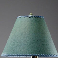 Late 20th C. Blue and White Porcelain Candlestick Lamps with Green Card Shades