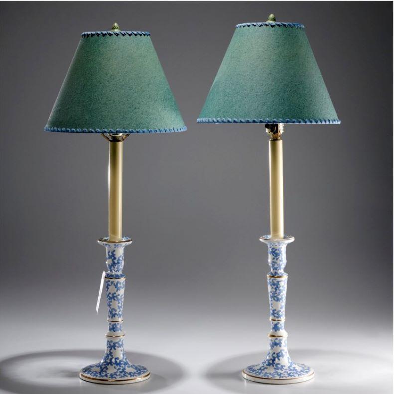Late 20th C. Blue and White Porcelain Candlestick Lamps with Green Card Shades In Good Condition In Morristown, NJ