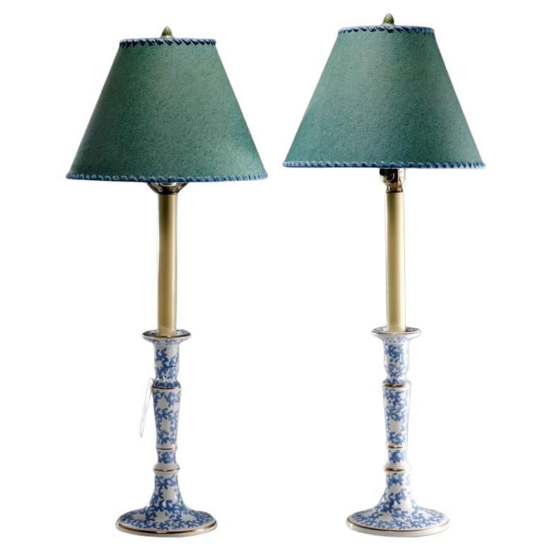 Late 20th C. Blue and White Porcelain Candlestick Lamps with Green Card Shades