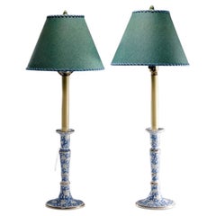 Late 20th C. Blue and White Porcelain Candlestick Lamps with Green Card Shades