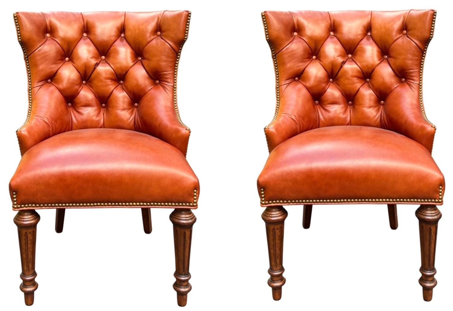 Late 20th-C. Chesterfield Style Leather Chairs Att. to Hancock and Moore, Pair For Sale 1