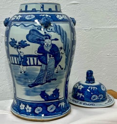 Fine del XX secolo. Vasetti di zenzero blu e bianco in stile cinese con cani Foo, coppia