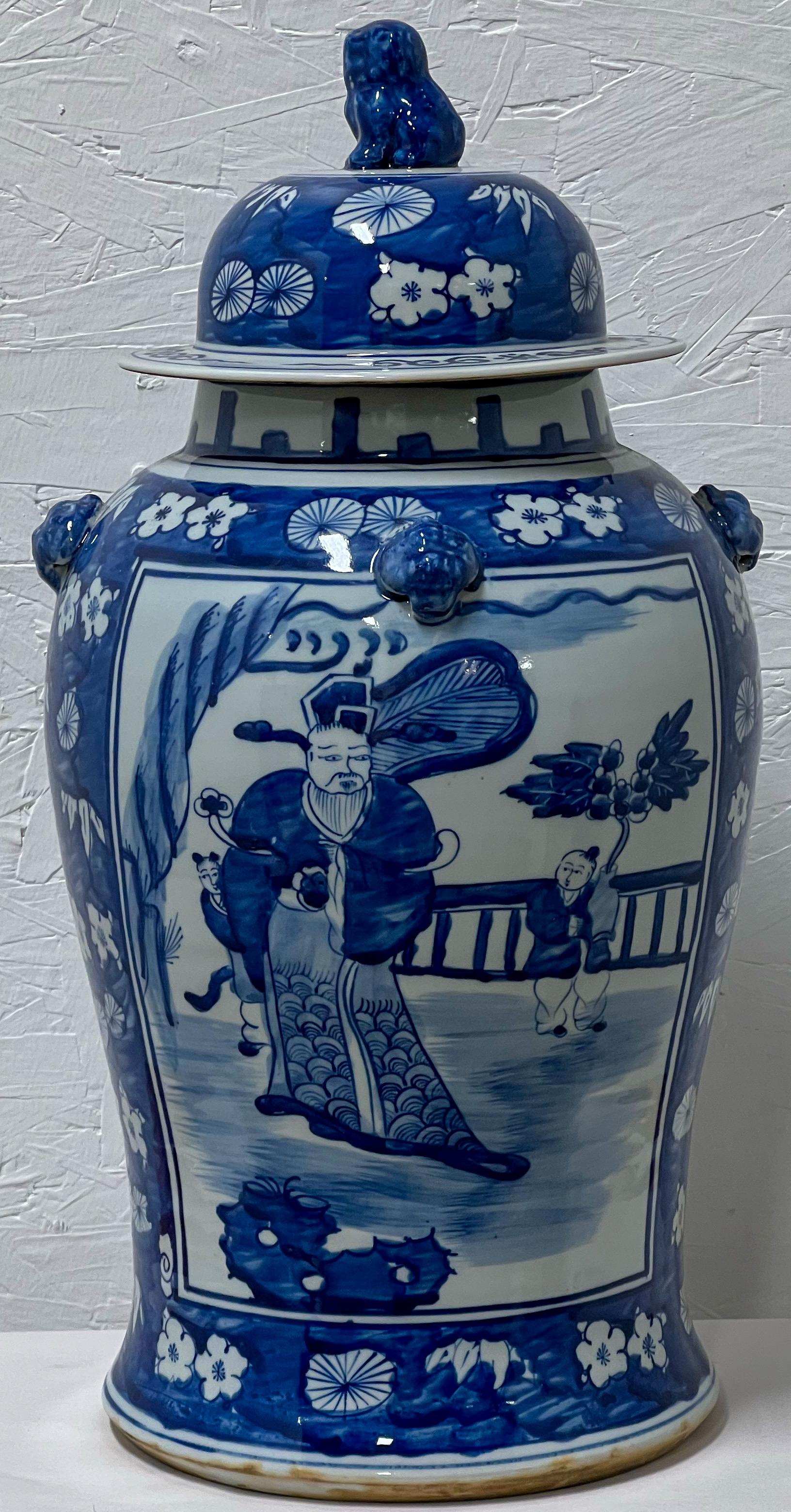 Chinese Export Late 20th-C. Chines Export Style Blue And White Ginger Jars With Foo Dogs, Pair
