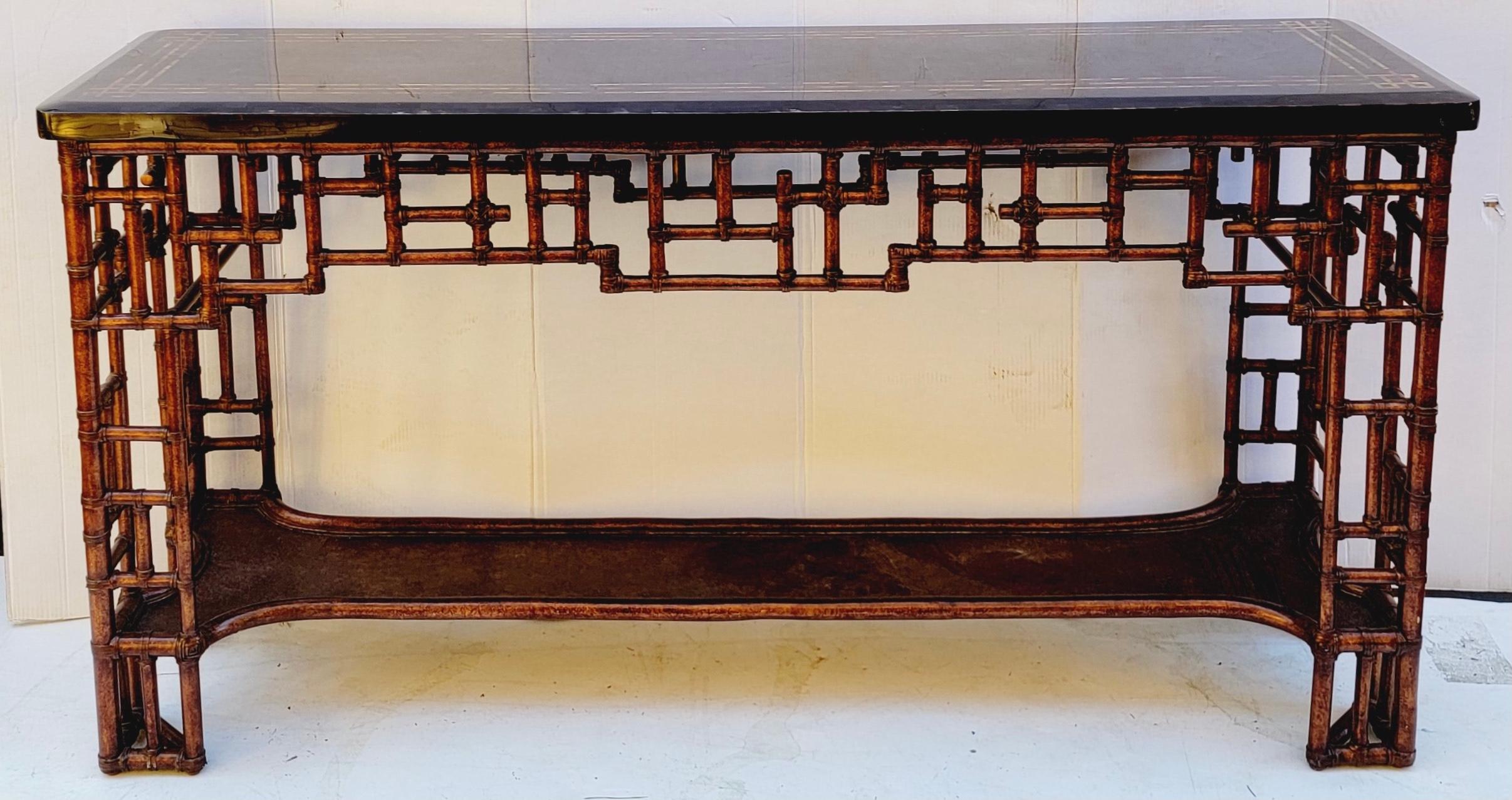 Philippine Late 20th-C, Chinese Chippendale Style Bamboo Marble Top Console Table