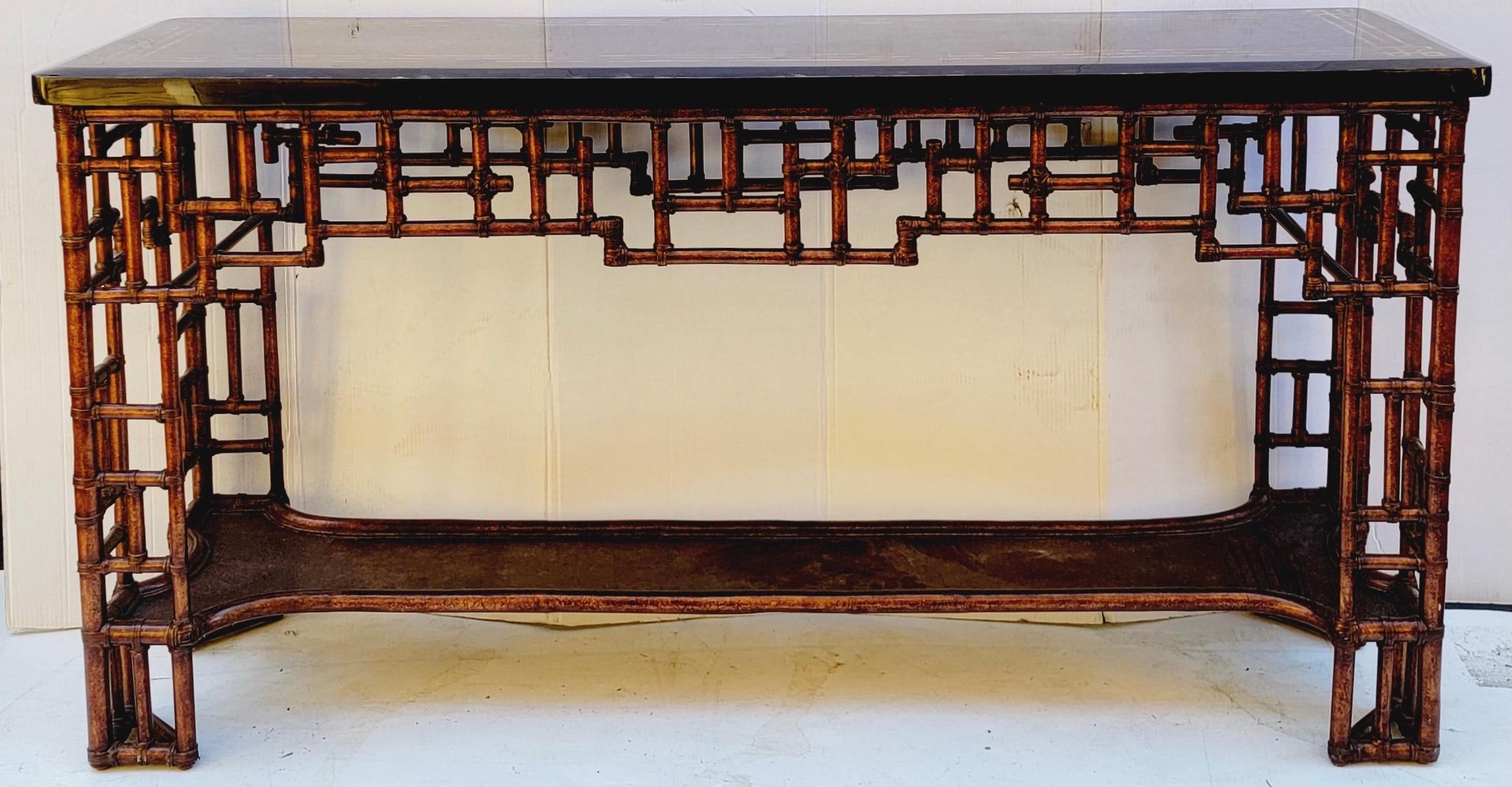 Late 20th-C, Chinese Chippendale Style Bamboo Marble Top Console Table In Good Condition In Kennesaw, GA