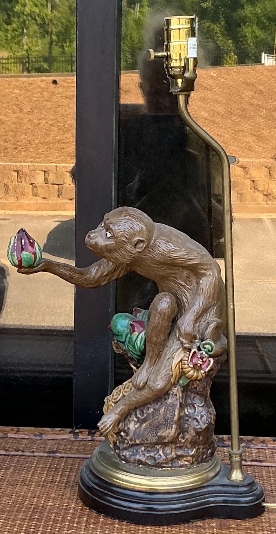 American Late 20th-C. Chinese Export Style Table Lamp - Monkey With Pomegranates For Sale