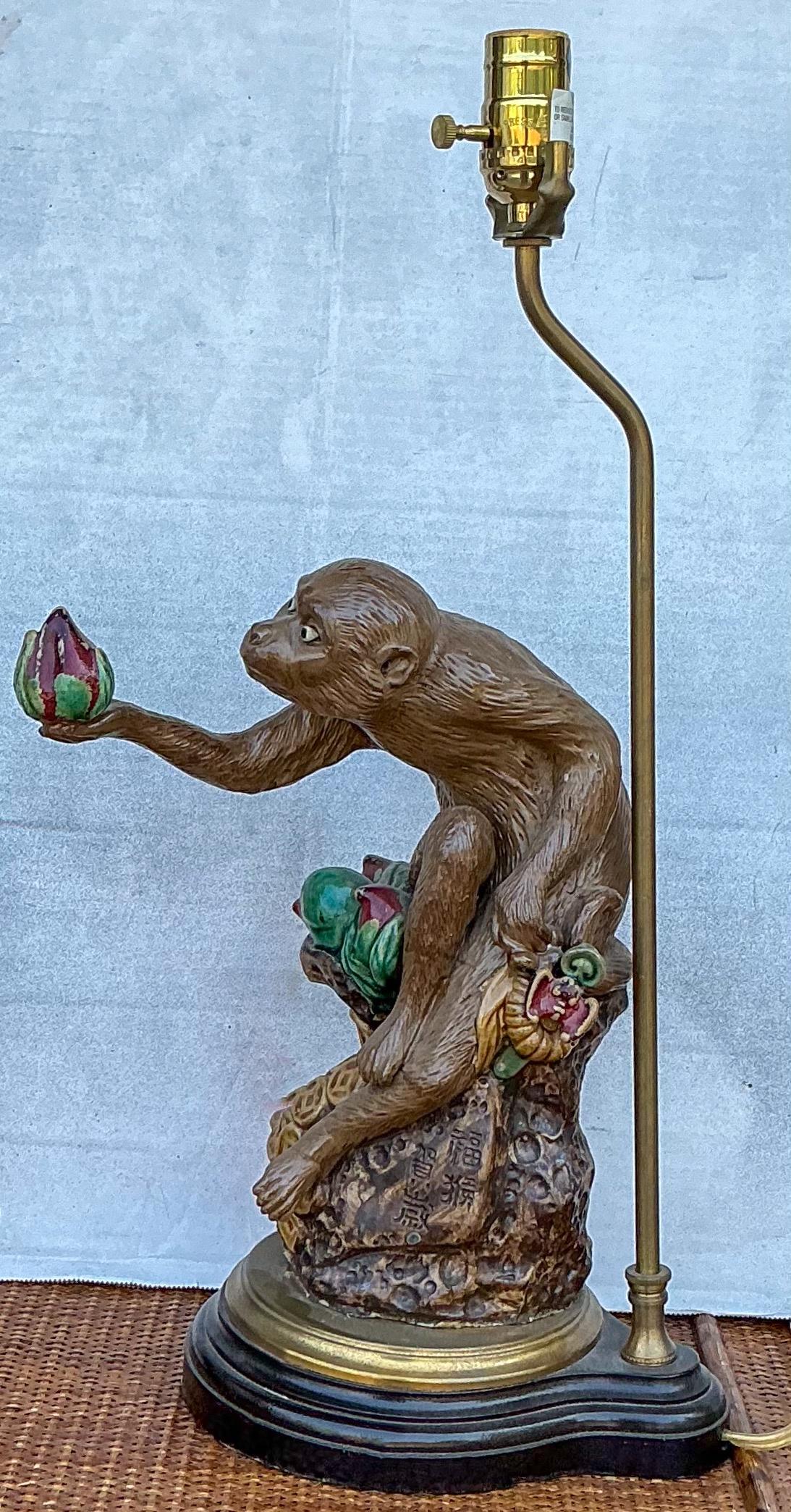 Late 20th-C. Chinese Export Style Table Lamp - Monkey With Pomegranates In Good Condition For Sale In Kennesaw, GA