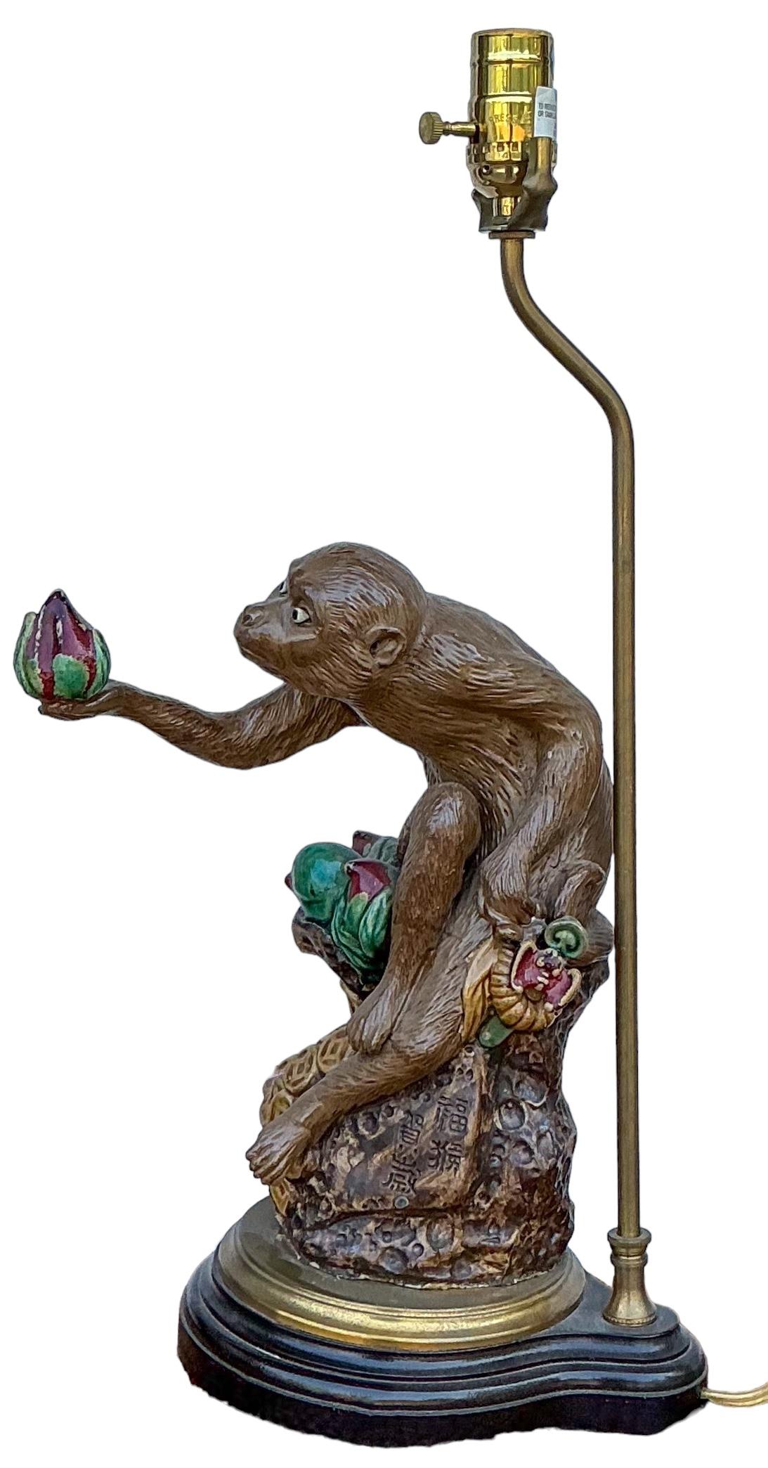 20th Century Late 20th-C. Chinese Export Style Table Lamp - Monkey With Pomegranates For Sale