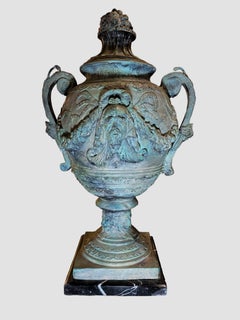 Late 20th C. Continental Neoclassical Bronze Urns Marble Plinth After A. Moreau