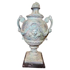 Late 20th C. Continental Neoclassical Bronze Urns Marble Plinth After A. Moreau