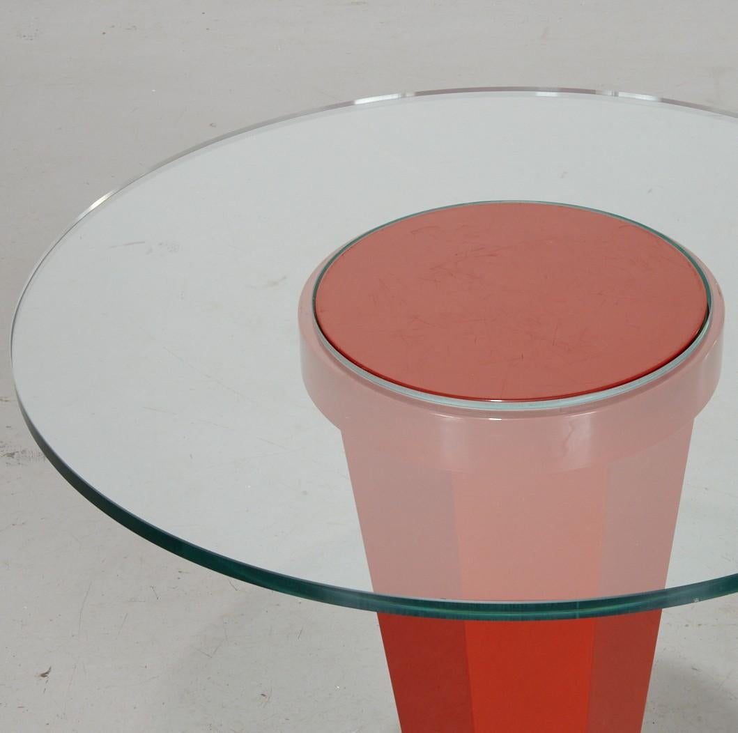 American Late 20th C. Custom Modern Glass and Red Lacquer Side Table For Sale