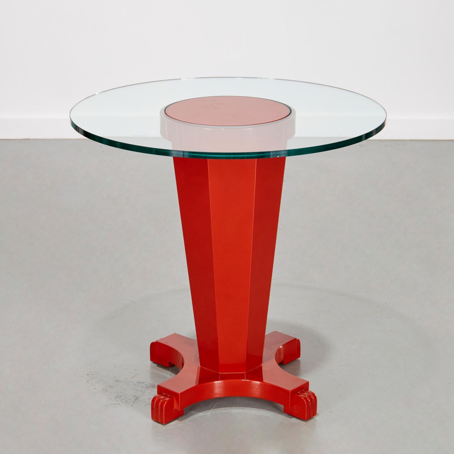 Late 20th C. Custom Modern Glass and Red Lacquer Side Table For Sale 1