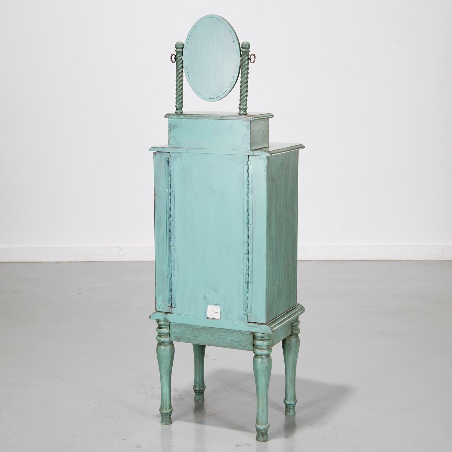 Carved Late 20th C. Custom Sage Green Painted Jewelry Chest with Mirror by Powell