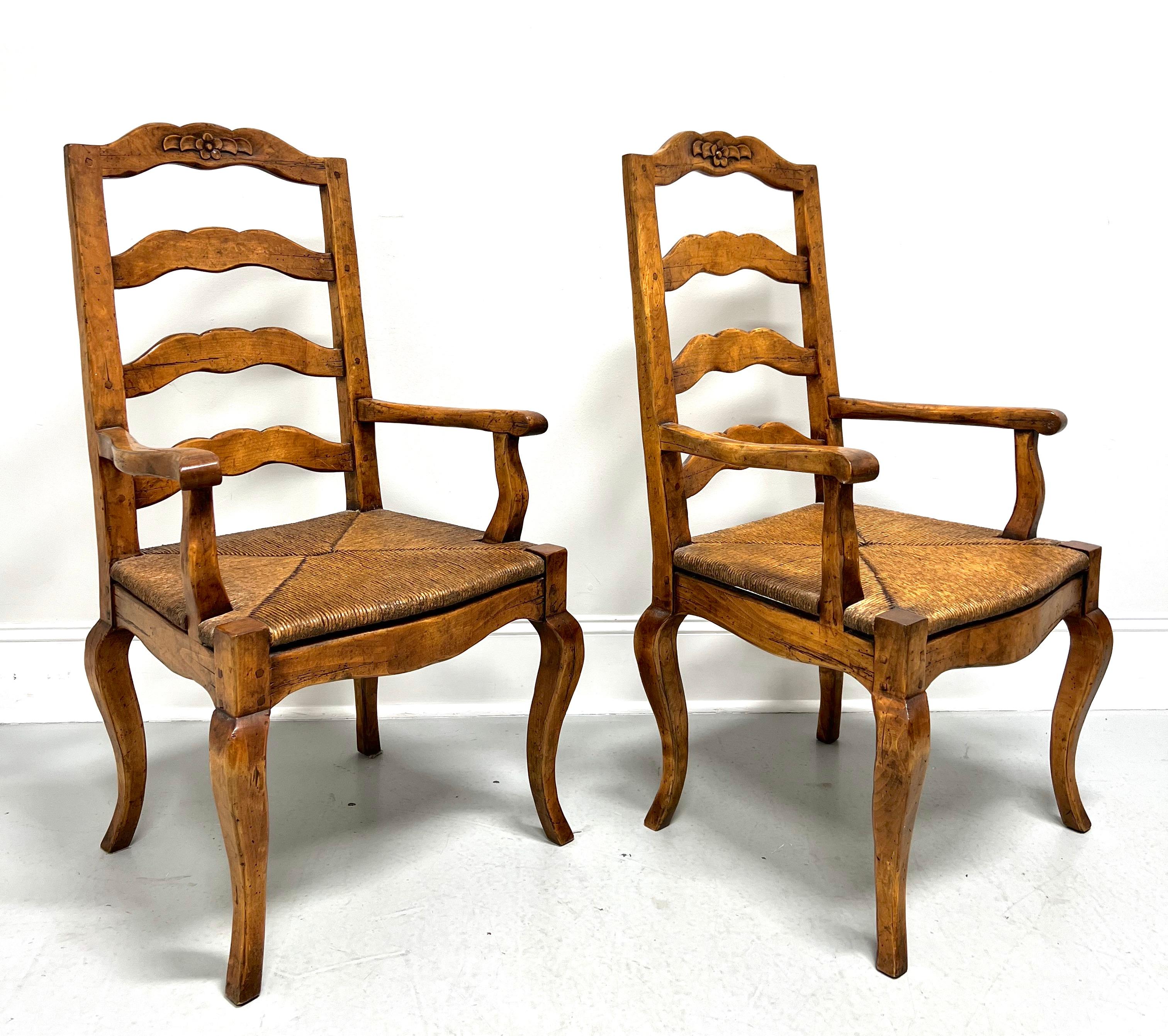 French Provincial Late 20th C. Distressed French Country Dining Armchairs w/ Rush Seats - Pair For Sale