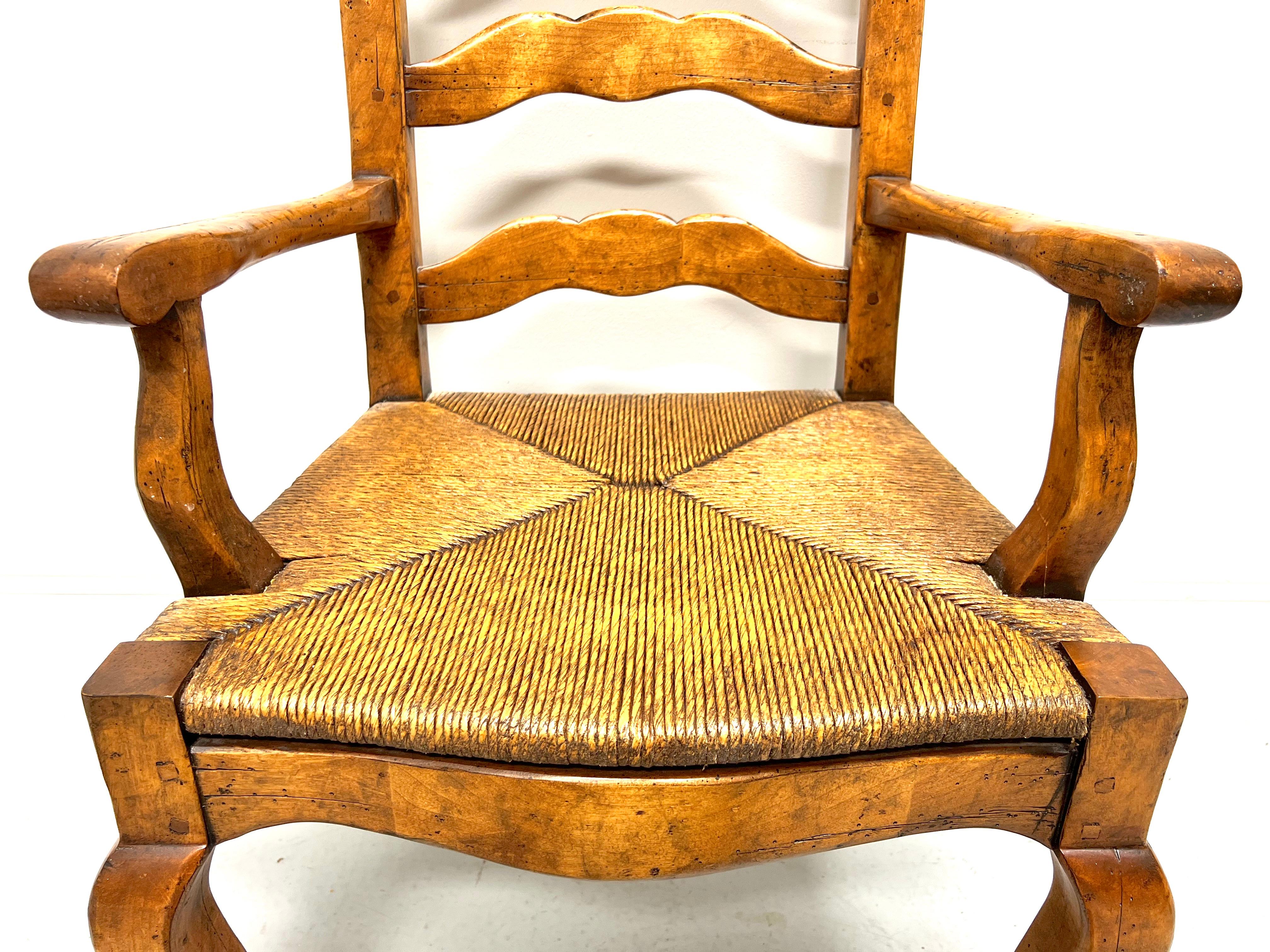 Late 20th C. Distressed French Country Dining Armchairs w/ Rush Seats - Pair For Sale 2
