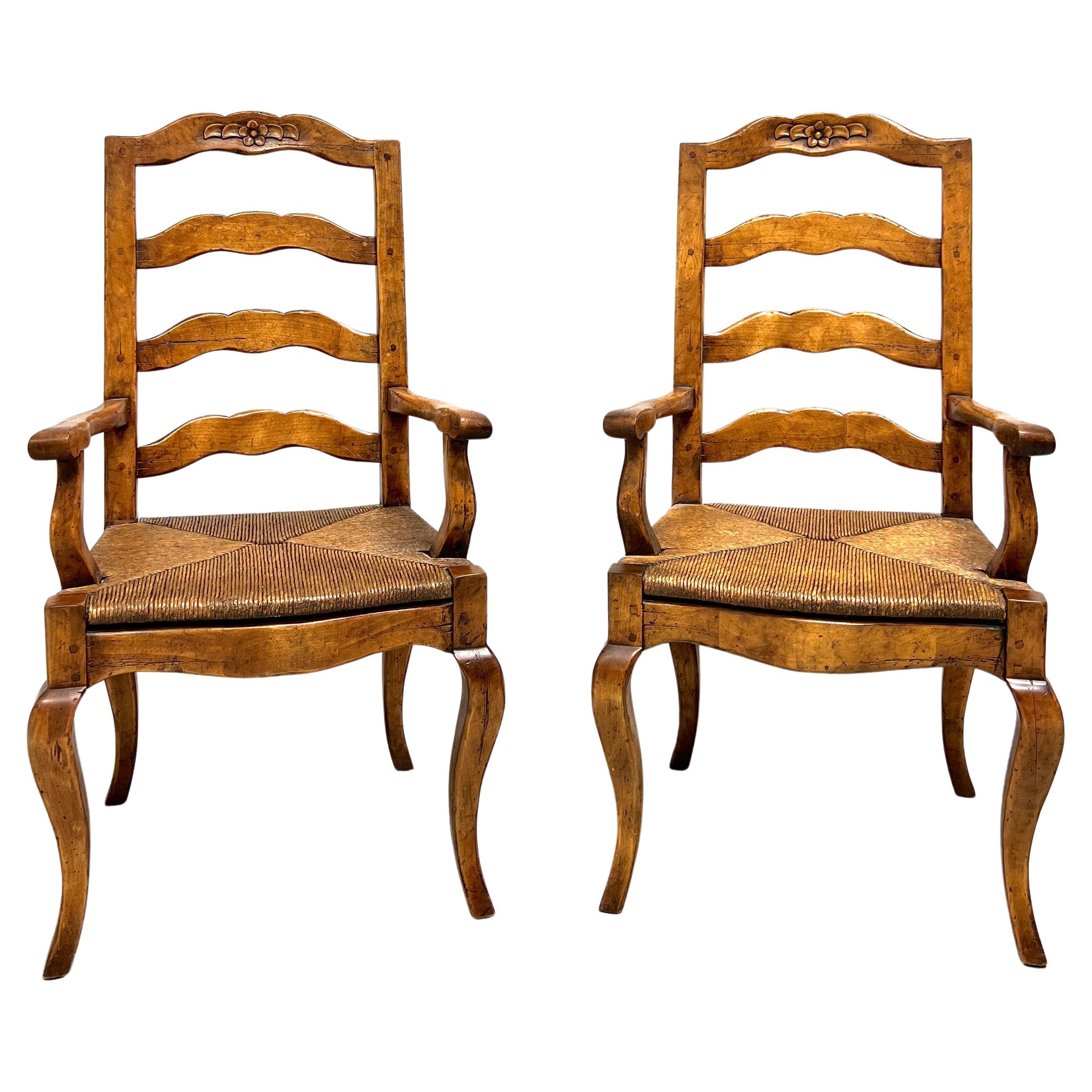 Late 20th C. Distressed French Country Dining Armchairs w/ Rush Seats - Pair For Sale