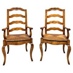 Late 20th C. Distressed French Country Dining Armchairs w/ Rush Seats - Pair