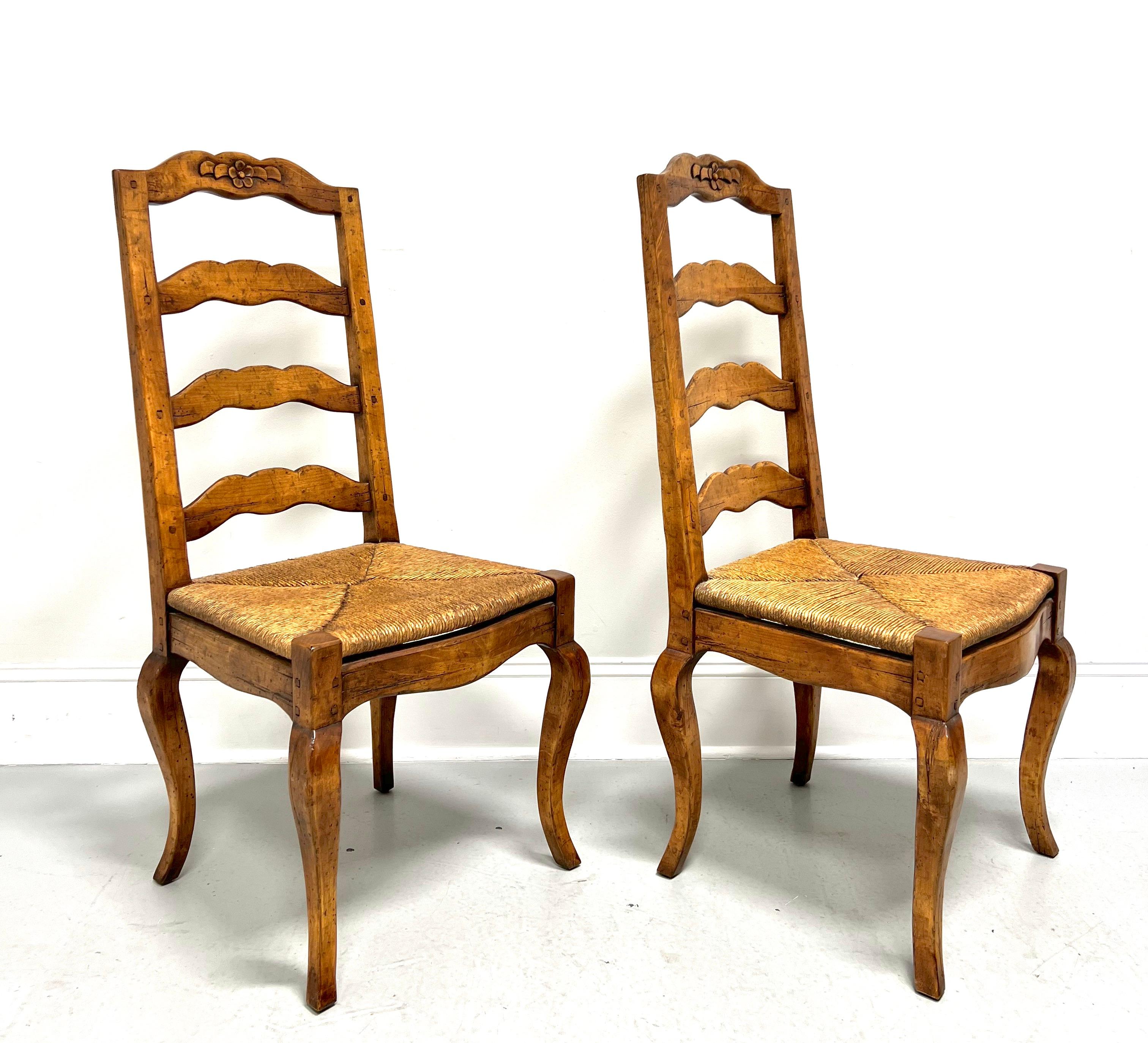 French Provincial Late 20th C. Distressed French Country Dining Side Chairs w/ Rush Seats - Pair A For Sale