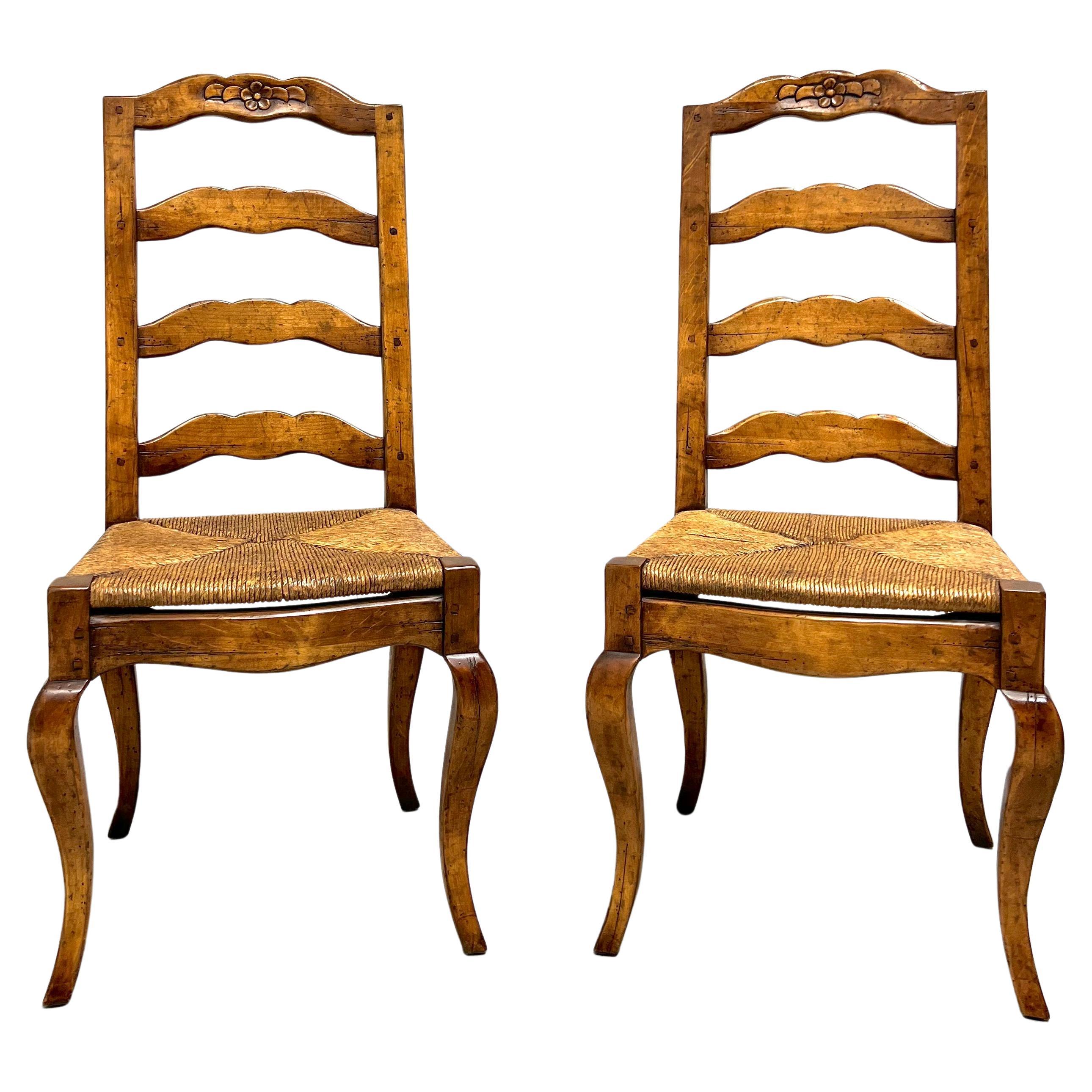 Late 20th C. Distressed French Country Dining Side Chairs w/ Rush Seats - Pair A For Sale