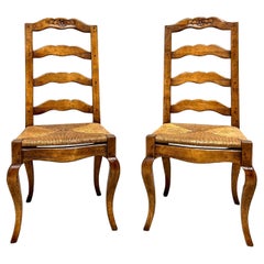 Retro Late 20th C. Distressed French Country Dining Side Chairs w/ Rush Seats - Pair A