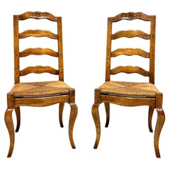 Late 20th C. Distressed French Country Dining Side Chairs w/ Rush Seats - Pair B
