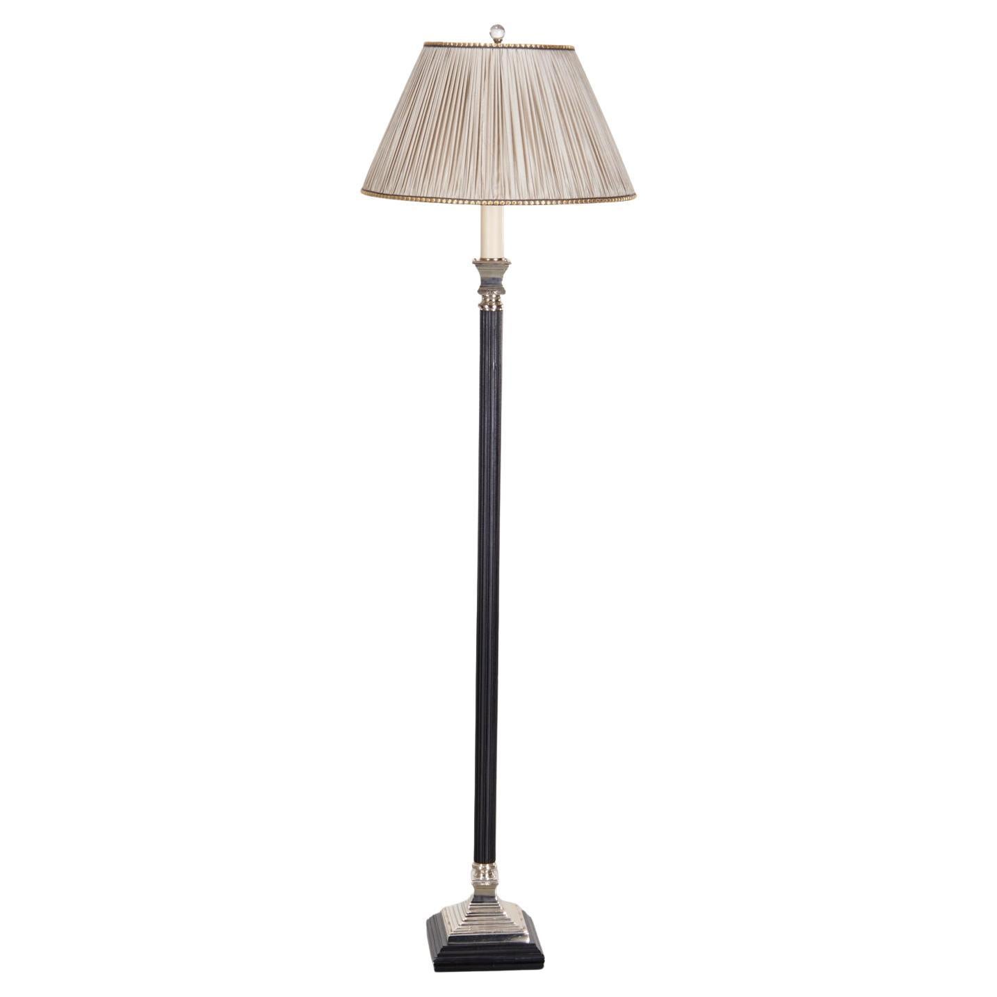 Late 20th C. Empire Style Black and Silver Fluted Column Floor Lamp with Shade