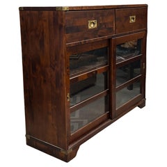Vintage Late 20th-C. English Campaign Style Mahogany and Brass Bookcase / Shelving