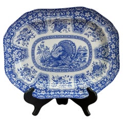 Late 20th-C. English Spode Victorian Style Blue & White Pottery Turkey Platter