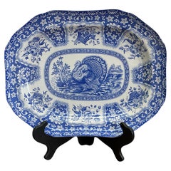 Finales del siglo XX Plato de pavo inglés de cerámica azul y blanca de estilo victoriano Spode