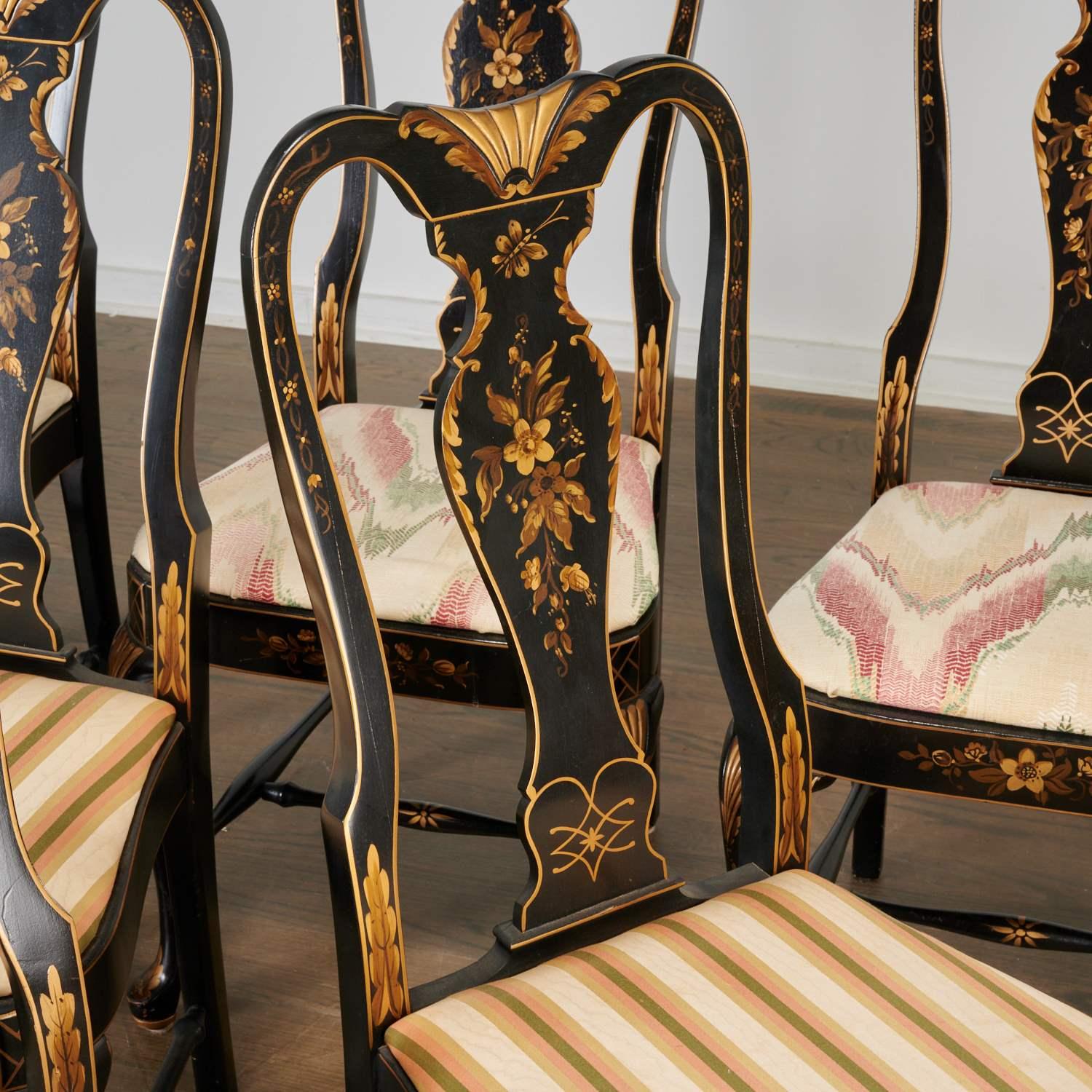 20th c., high quality black lacquer and hand painted gilt dining chairs. Six (6) Georgian style side chairs with urn shaped splat, on cabriole legs joined by turned stretcher, with mixed (2 striped silk and 4 ikat cotton/linen fabric) upholstered
