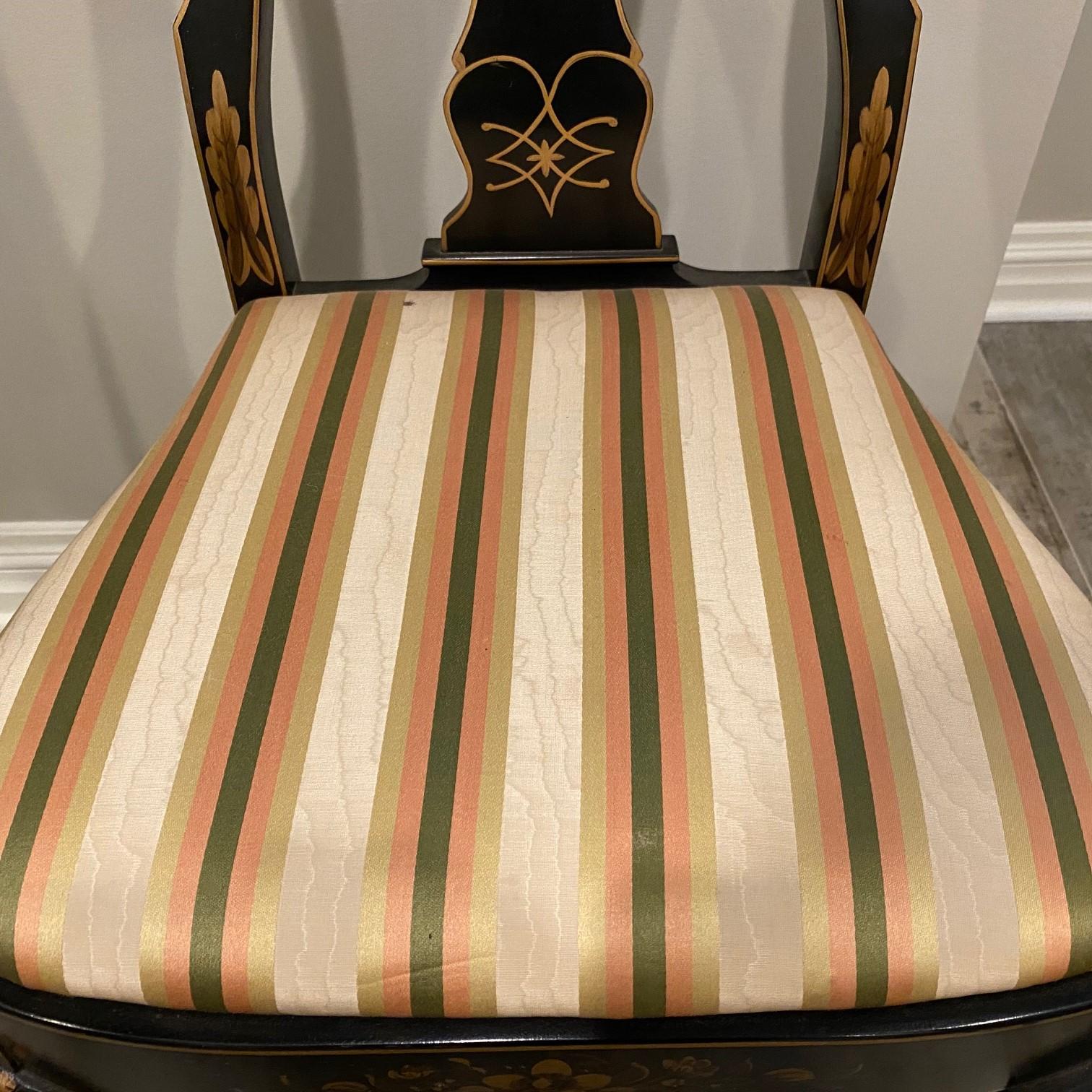 Ikat Late 20th C. English Style Georgian Lacquer and Gilt Dining Chairs, Set of 6