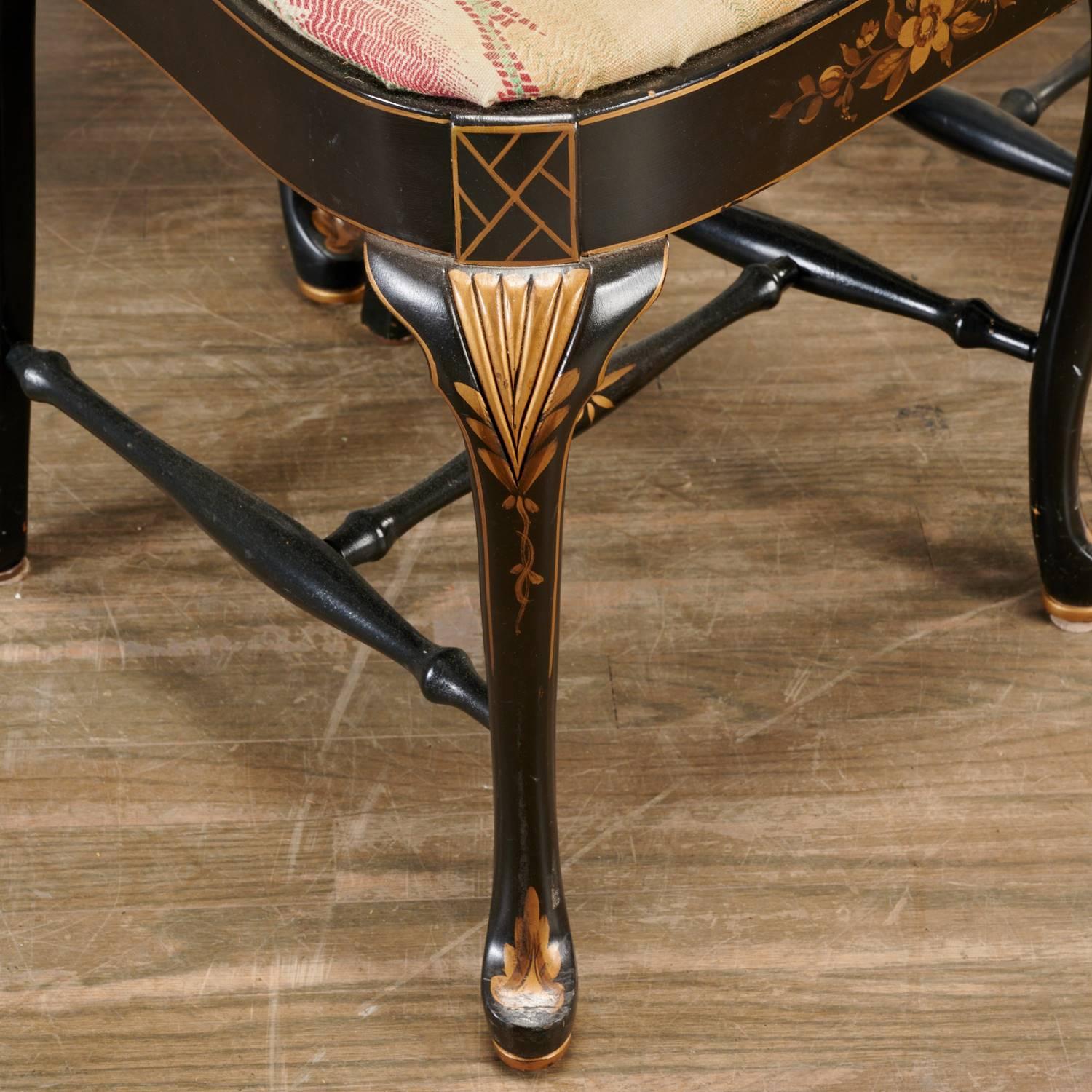 Wood Late 20th C. English Style Georgian Lacquer and Gilt Dining Chairs, Set of 6