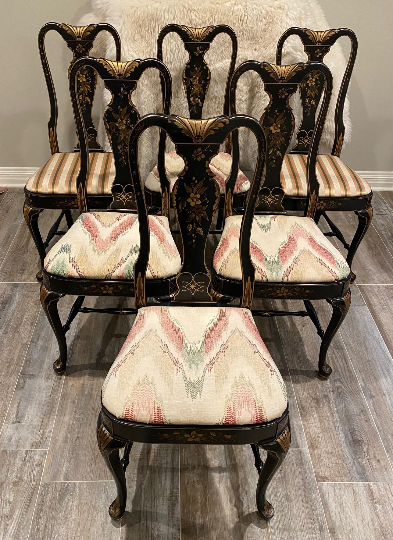 Late 20th C. English Style Georgian Lacquer and Gilt Dining Chairs, Set of 6 2