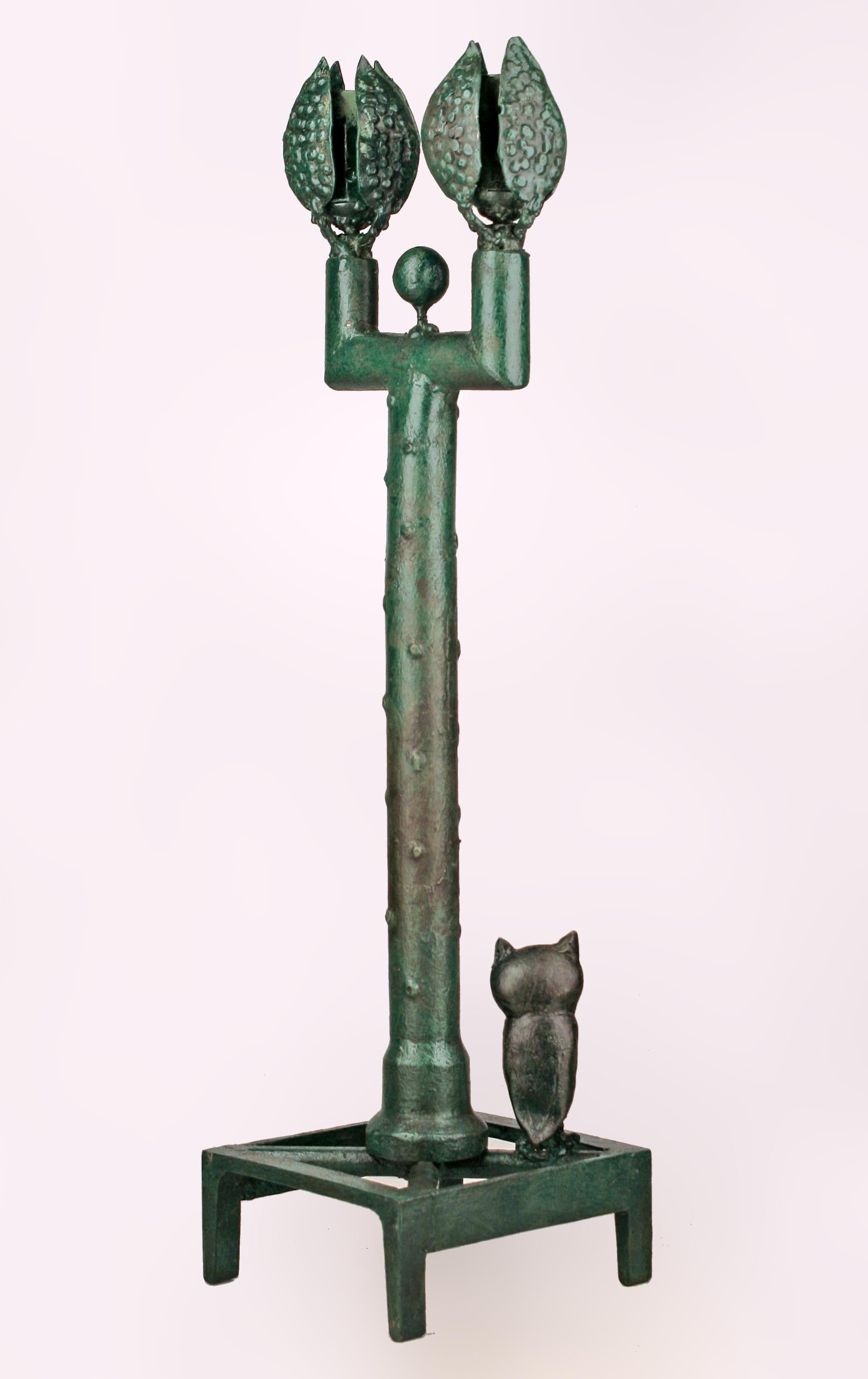 Molded Late 20th C. Expressionist Giacometti-Like Pair of French Bronze Candle Holders For Sale