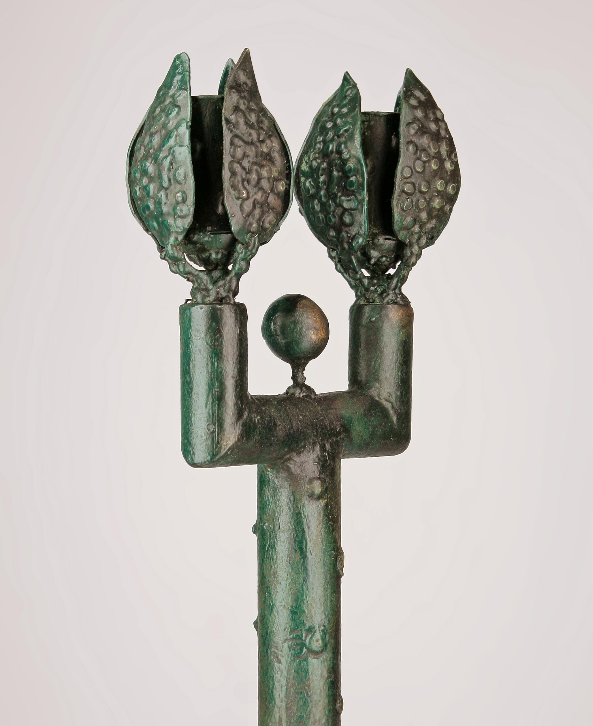 20th Century Late 20th C. Expressionist Giacometti-Like Pair of French Bronze Candle Holders For Sale