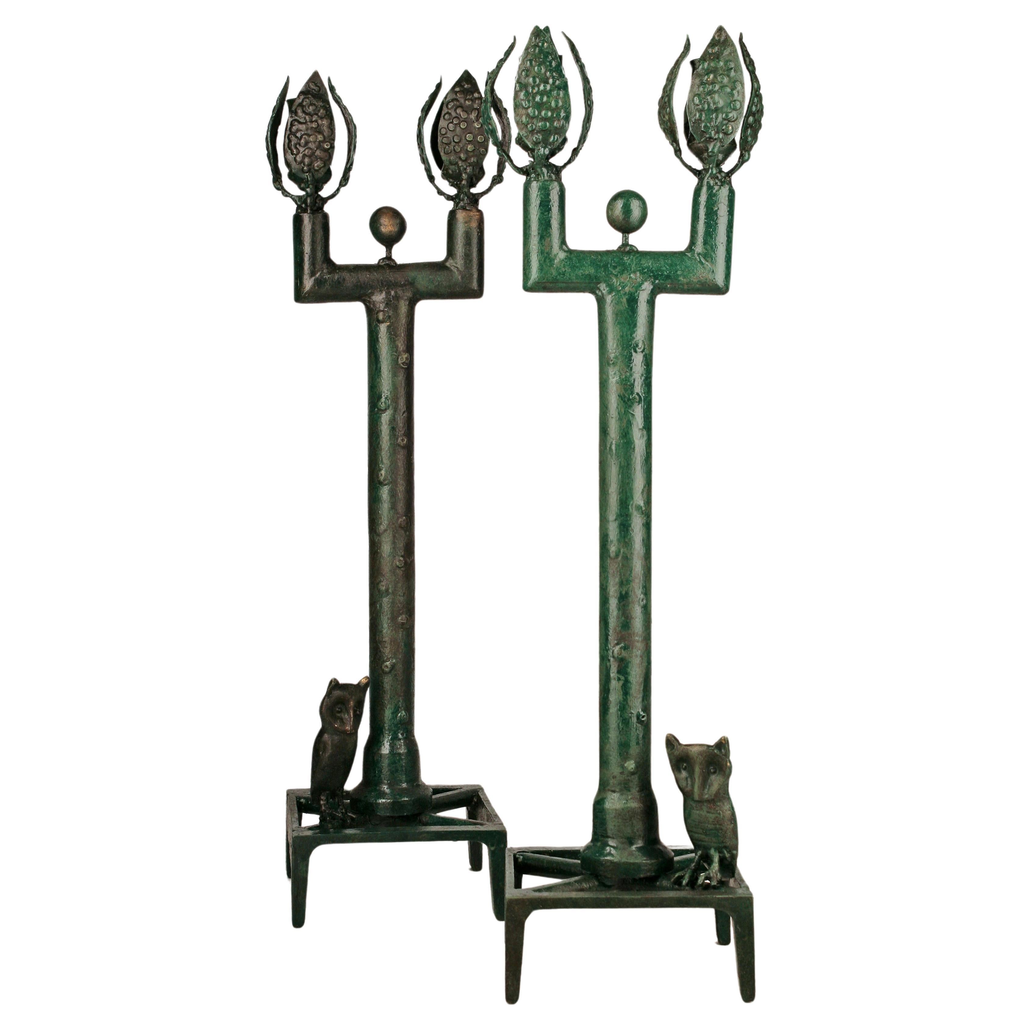 Late 20th C. Expressionist Giacometti-Like Pair of French Bronze Candle Holders
