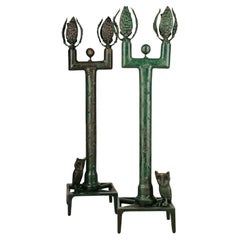 Late 20th C. Expressionist Giacometti-Like Pair of French Bronze Candle Holders