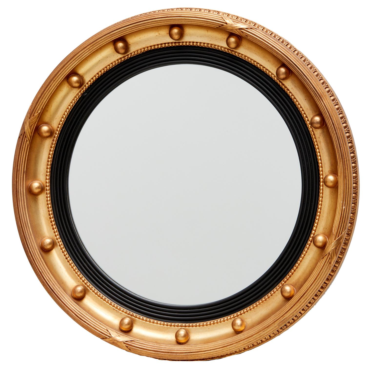 20th c., American Federal style round bull's-eye giltwood and ebonized mirror. 

The circular frame, surrounding a mirror plate, is accented with petite spheres and four x-form motifs. The inner section has and ebonized inner reeded molding.

This