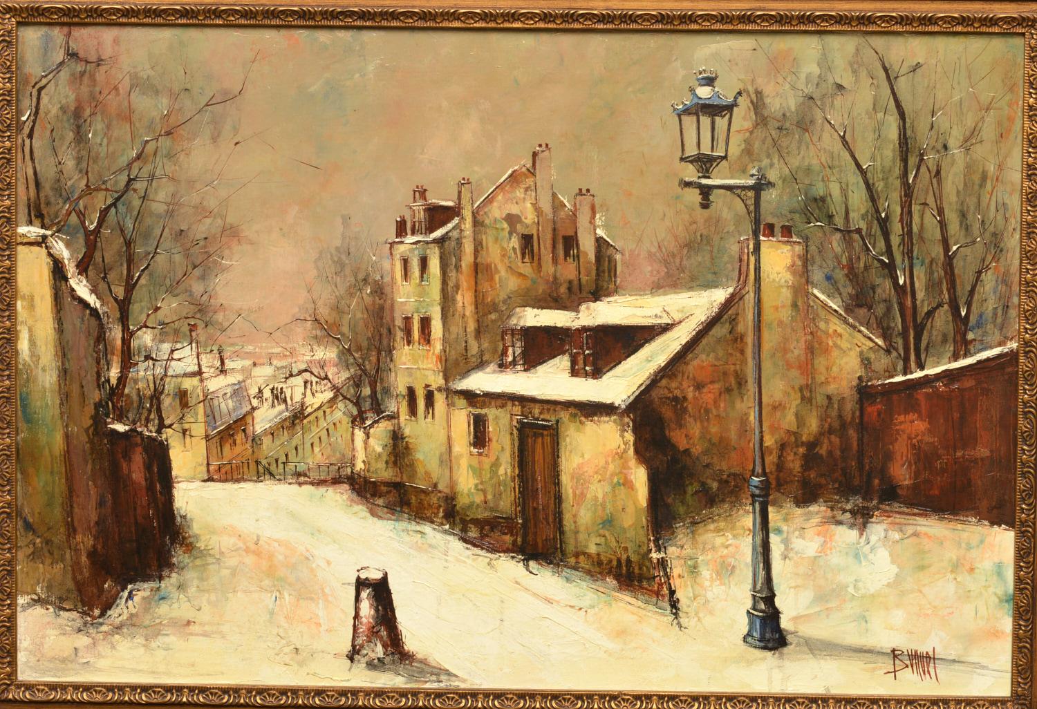 Manuel Monton Buñuel (Spanier, geb. 1940), eine stimmungsvolle Straßenszene im Winter, Öl auf Leinwand, rechts unten signiert Buñuel, Ein ausdrucksstarkes zeitgenössisches Ölgemälde, der Künstler hat die Farbe in eiligen Strichen mit einem Spachtel